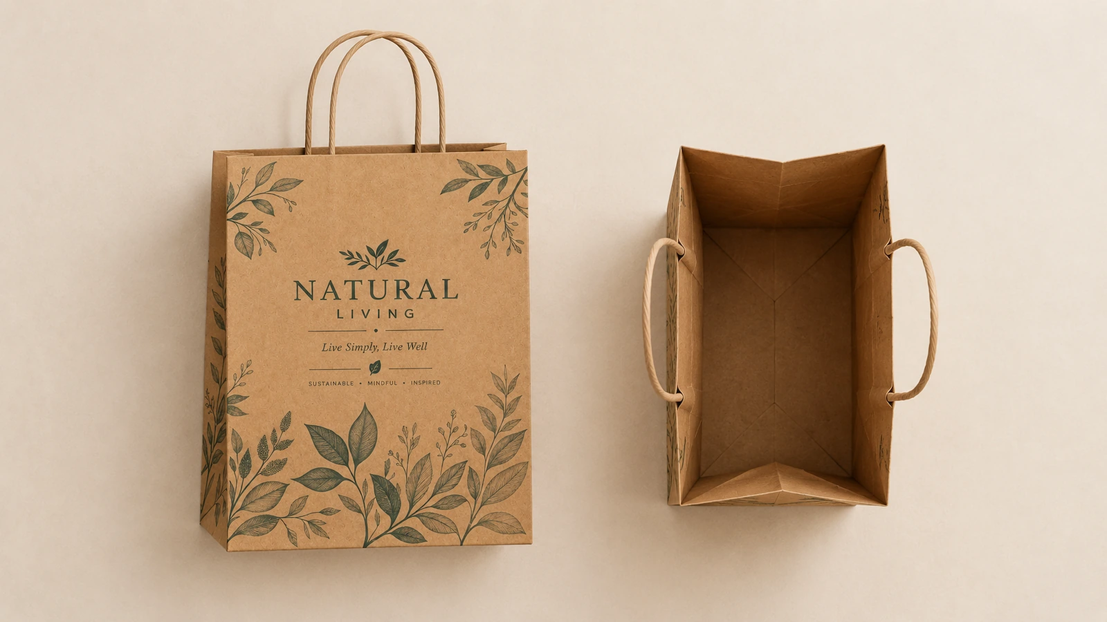 Brown kraft bag with dimension guides and close-up artwork samples for print readability review