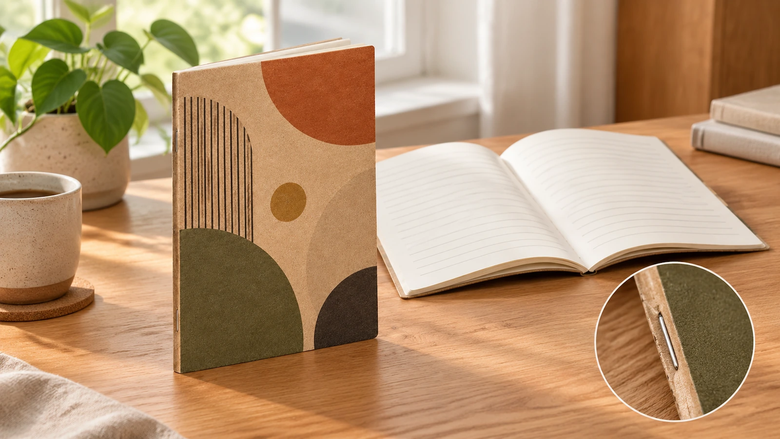 Illustrative notebook transport packing with protective paperboard and a retained reorder sample