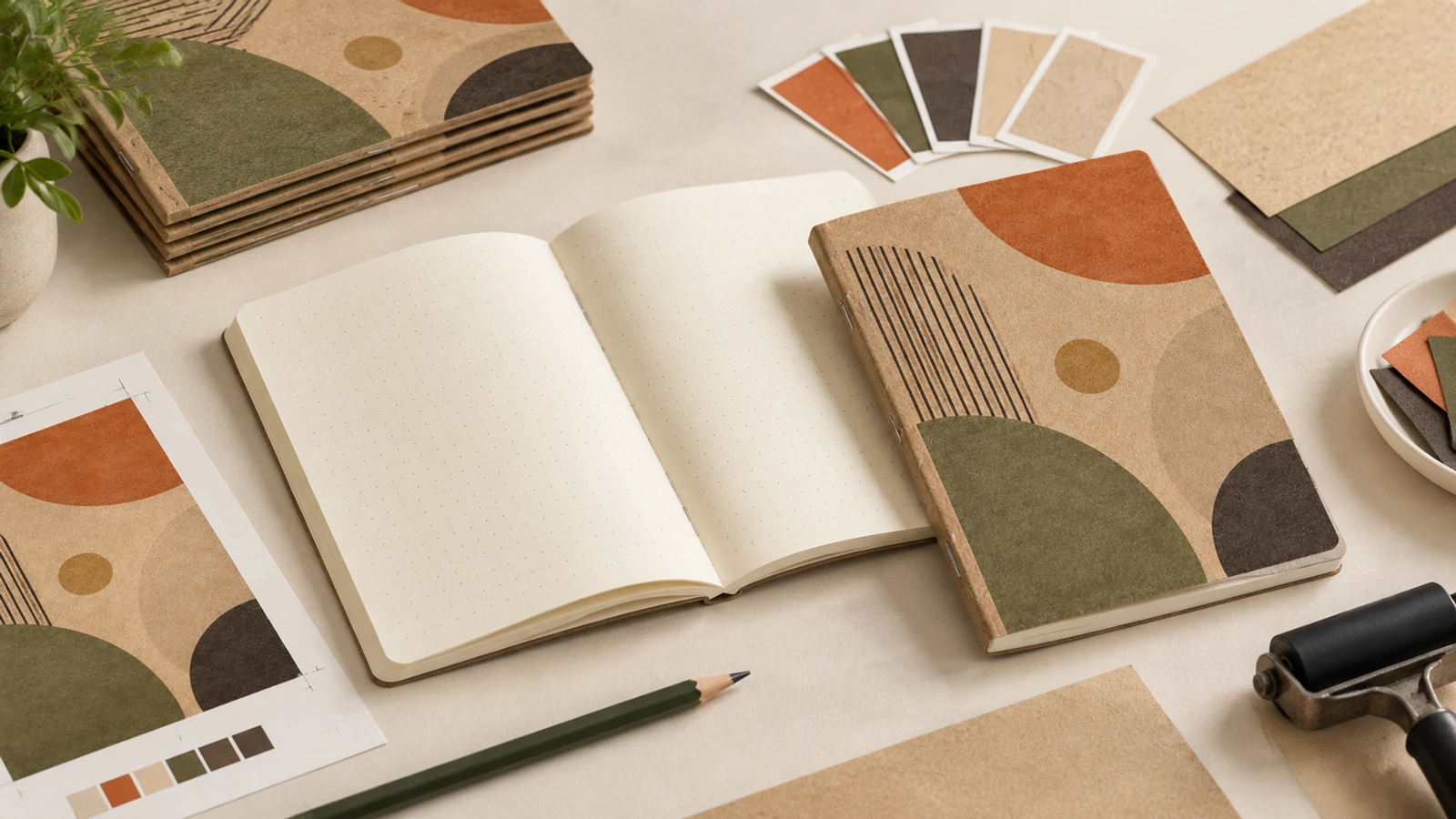 Illustrative kraft paperboard saddle-stitched notebooks in a workshop and welcome-pack setting