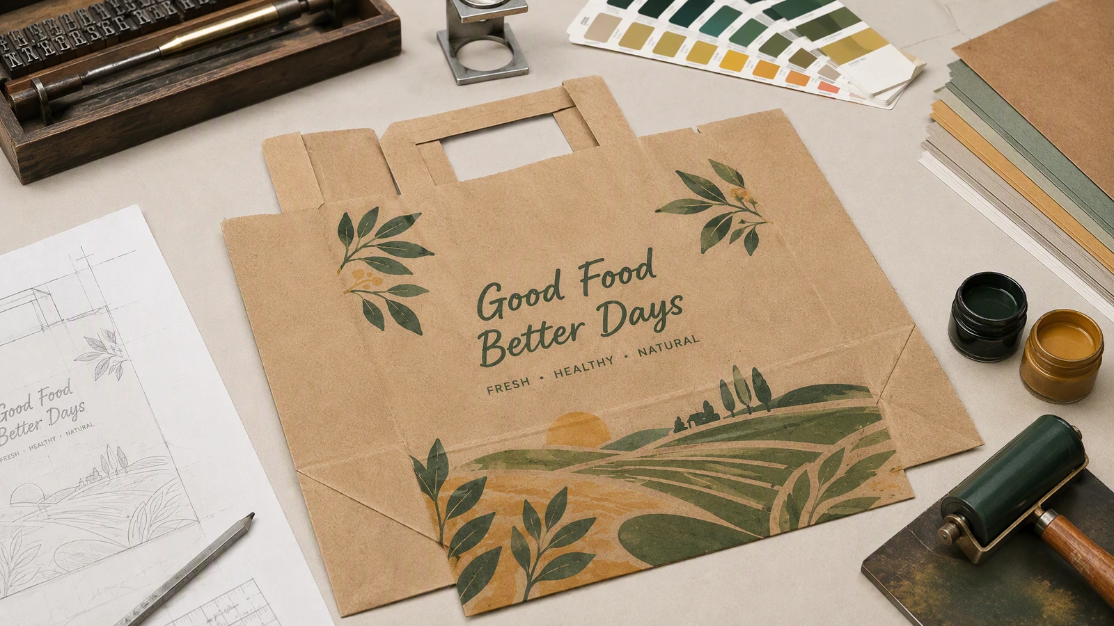Brown kraft takeaway bag with flat paper handles beside packaged food at a pickup counter