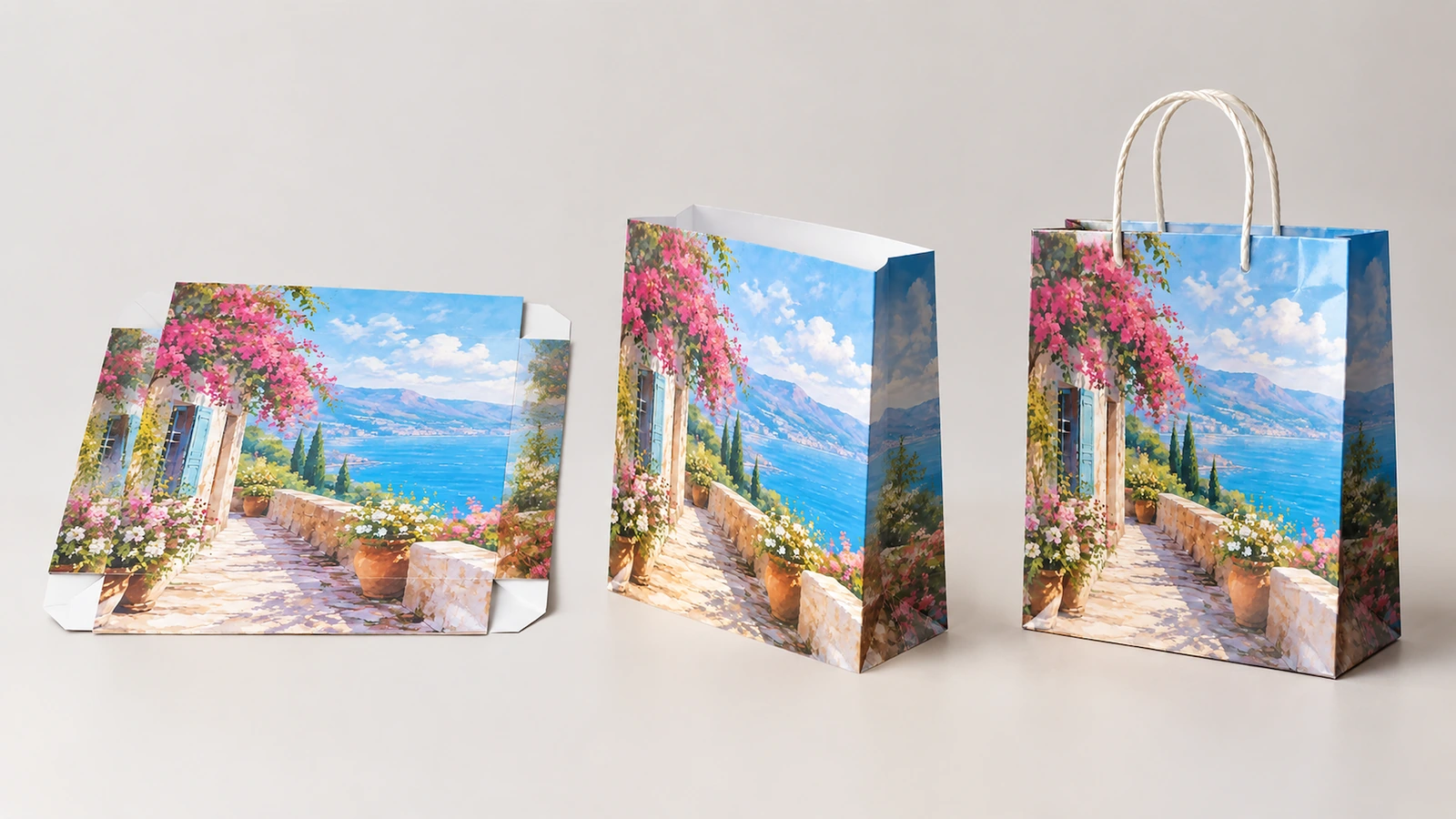Artwork preflight and physical sample approval Illustrative artwork preflight workspace with a bag dieline, color swatches and a physical laminated sample