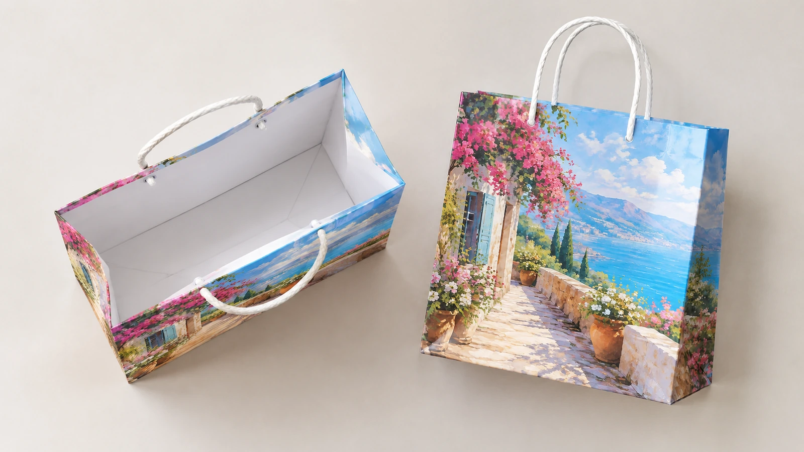 Bag dimensions and artwork readability review Illustrative art paper shopping bag with unnumbered dimension guides and a close view of printed lettering