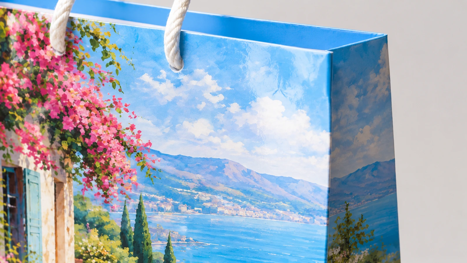 Surface finishes and reverse-side handle attachments Illustrative gloss and matte paper bag surfaces with rope and ribbon handle attachment details