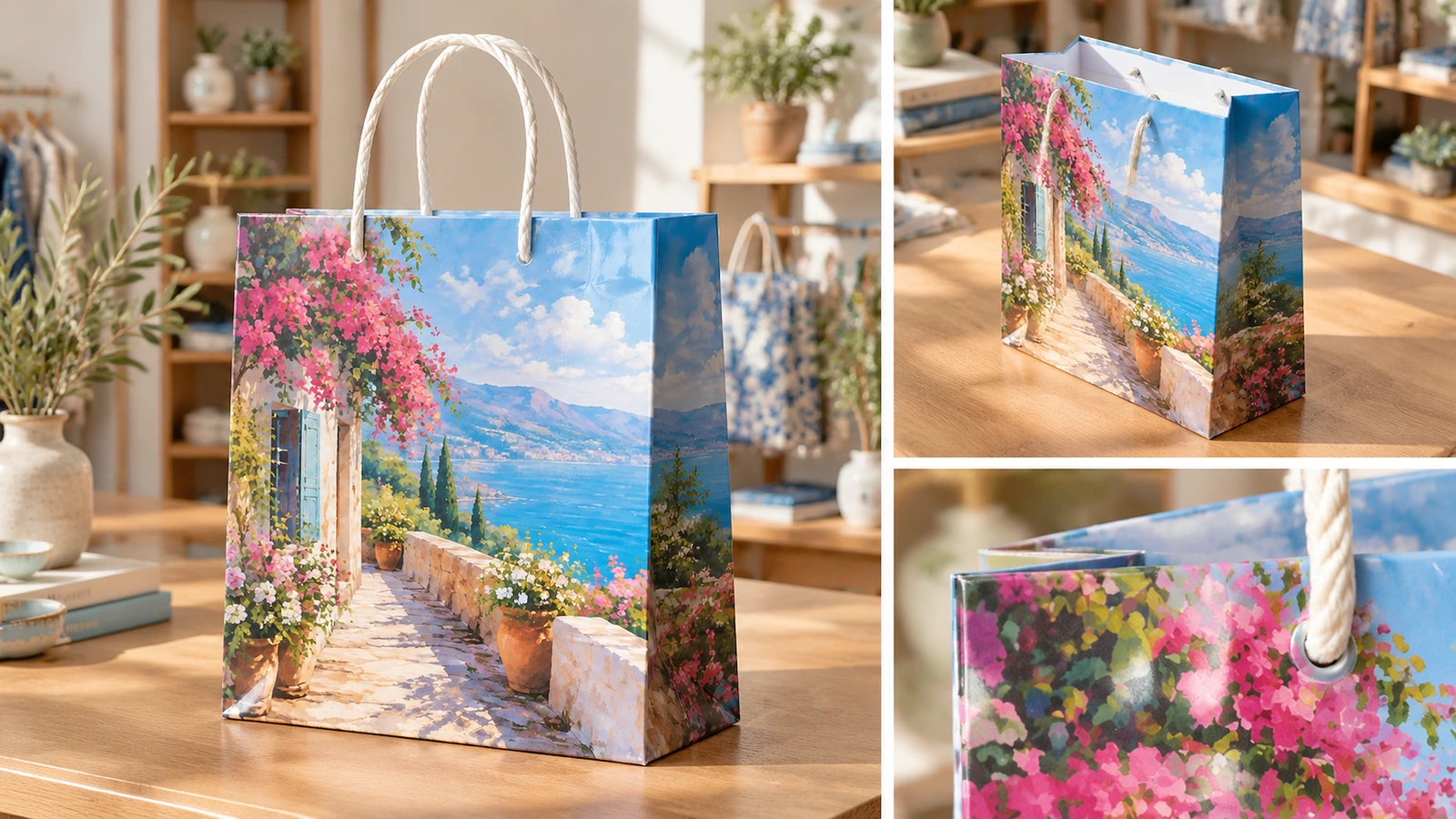 Protective packing and repeat-order reference Illustrative laminated shopping bags packed in a carton beside a retained approval sample for repeat orders