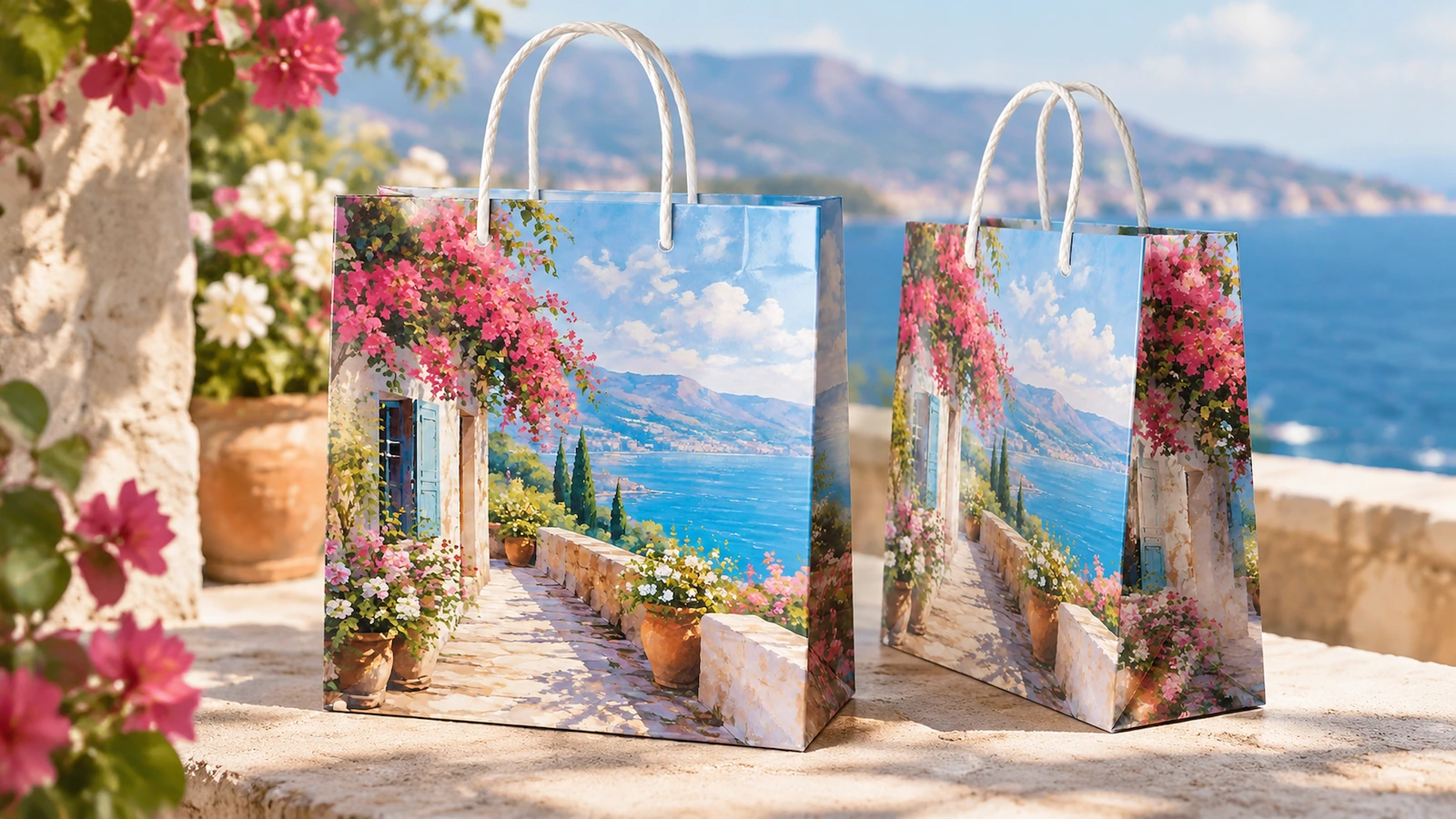 Conceptual print-to-assembly production sequence Illustrative sequence of printed art paper, laminated sheets, folded bag components and an assembled shopping bag