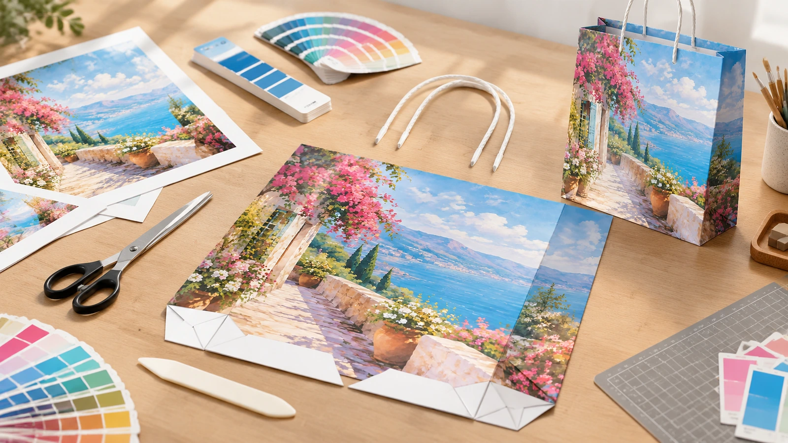 Retail and gifting application concept Illustrative laminated art paper shopping bag beside boxed retail gifts at a boutique counter