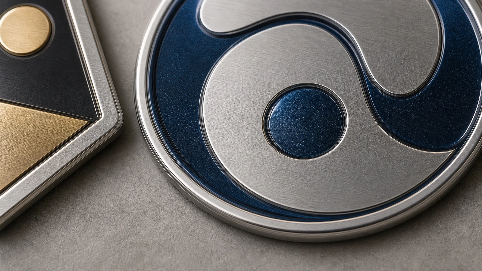 Silver, gold, rose gold and brushed nickel logo finishes beside adhesive backing and clear transfer film