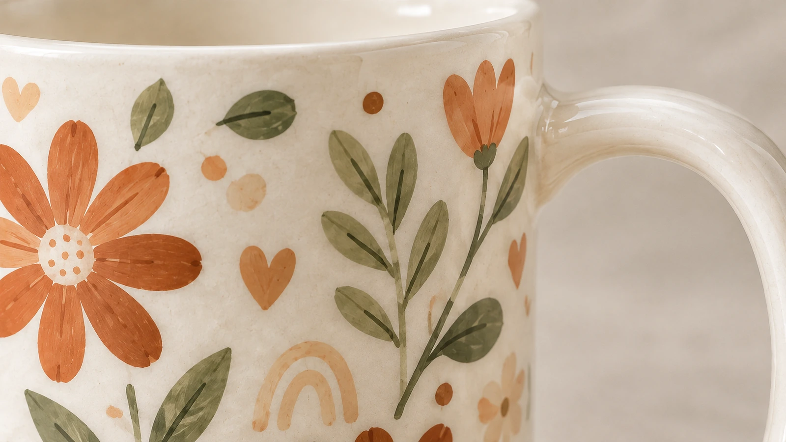 Glaze surface finishes and back-stamp options Glossy, matte, and speckled glaze swatches beside a ceramic mug base with care back-stamp
