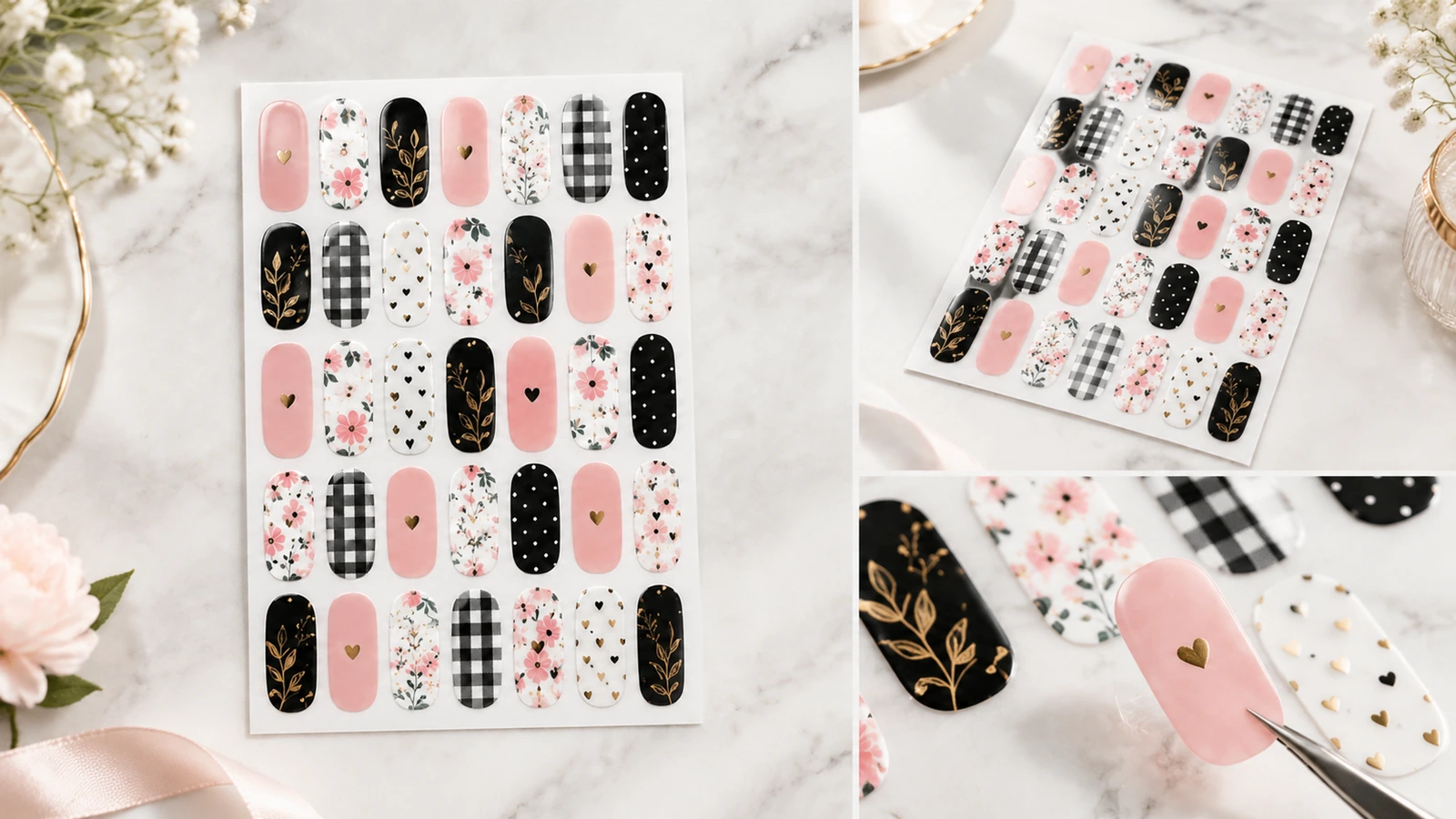 Packaging, shipping, and reorder records for nail sticker sheets Flat-packed custom nail sticker sheets with protective liners, batch labels, and shipping cartons