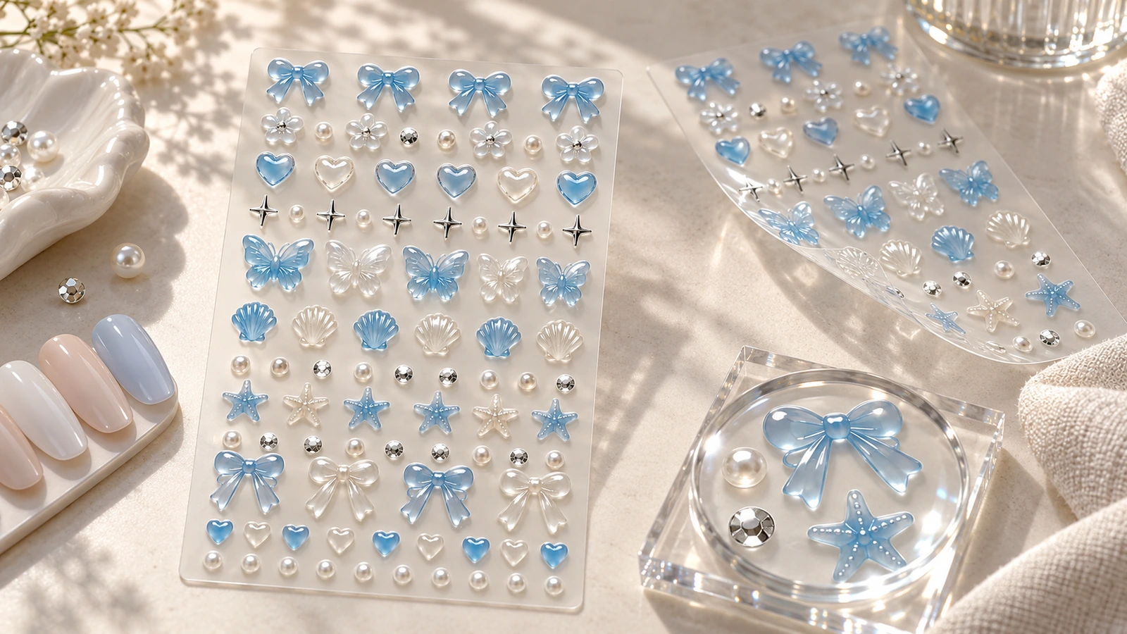 Packaging, shipping and reorder control for raised nail stickers Packed raised nail sticker sheets with protective card, instruction insert and batch label