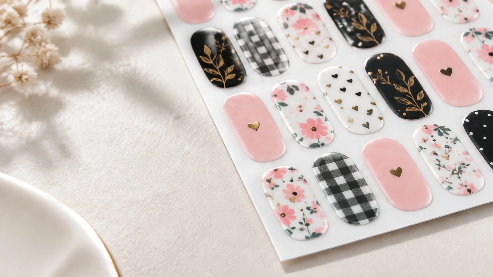 Surface finish and release liner backing options Gloss, matte, metallic, and holographic nail sticker surfaces with release liner backing