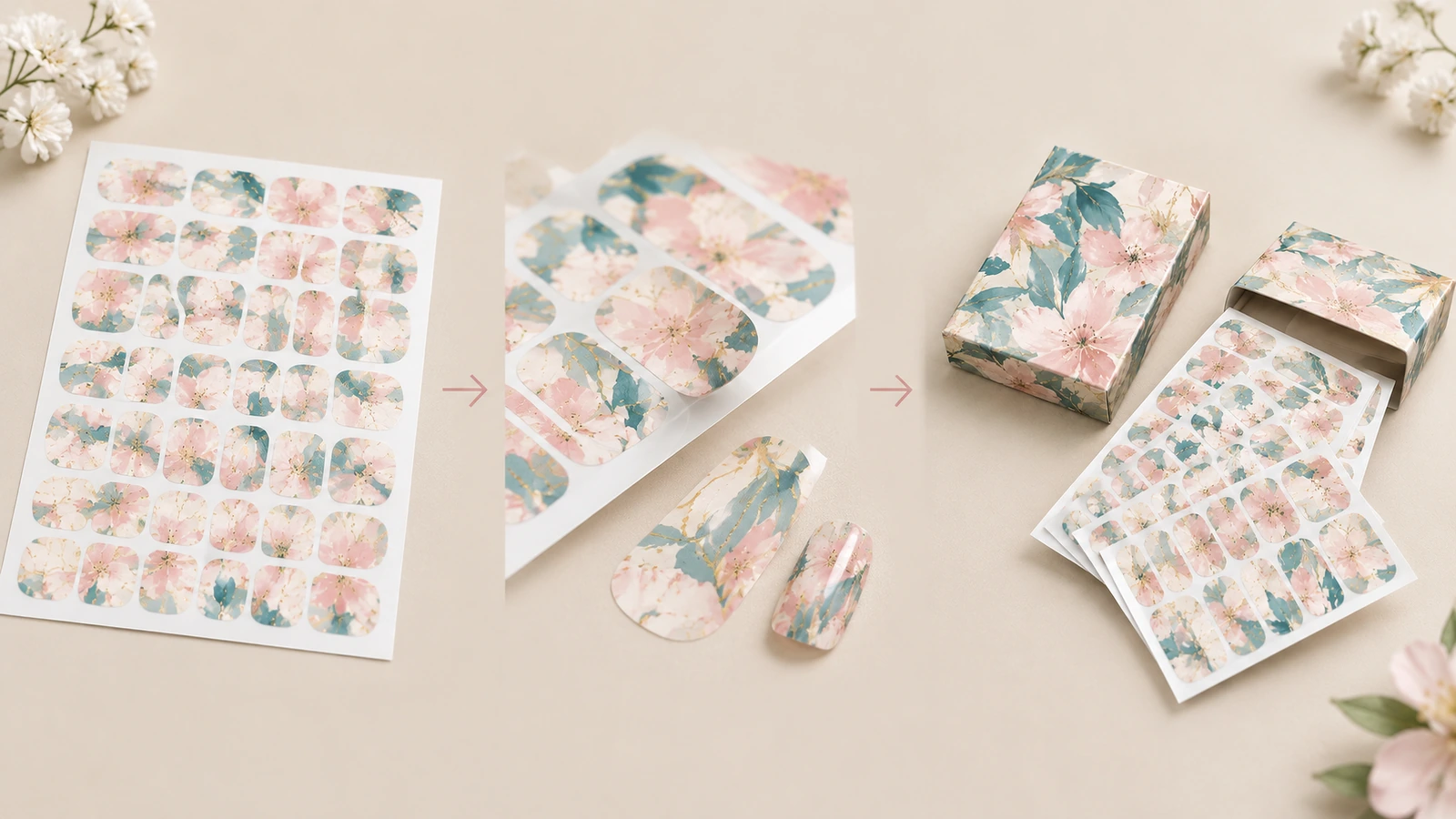 Artwork preflight for custom nail wraps Designer checking a custom nail wrap artwork proof for white-ink, bleed, and free-edge margins on screen
