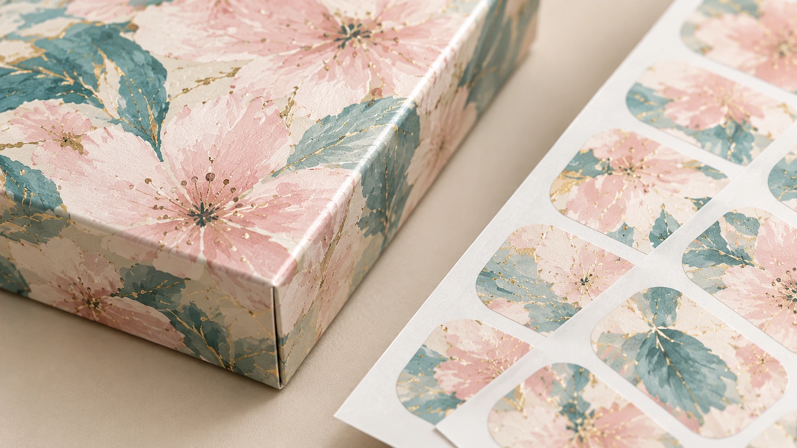 Finish and backing options for custom nail wraps Glossy and matte custom nail wrap samples beside a single-piece release liner and a split-liner reject