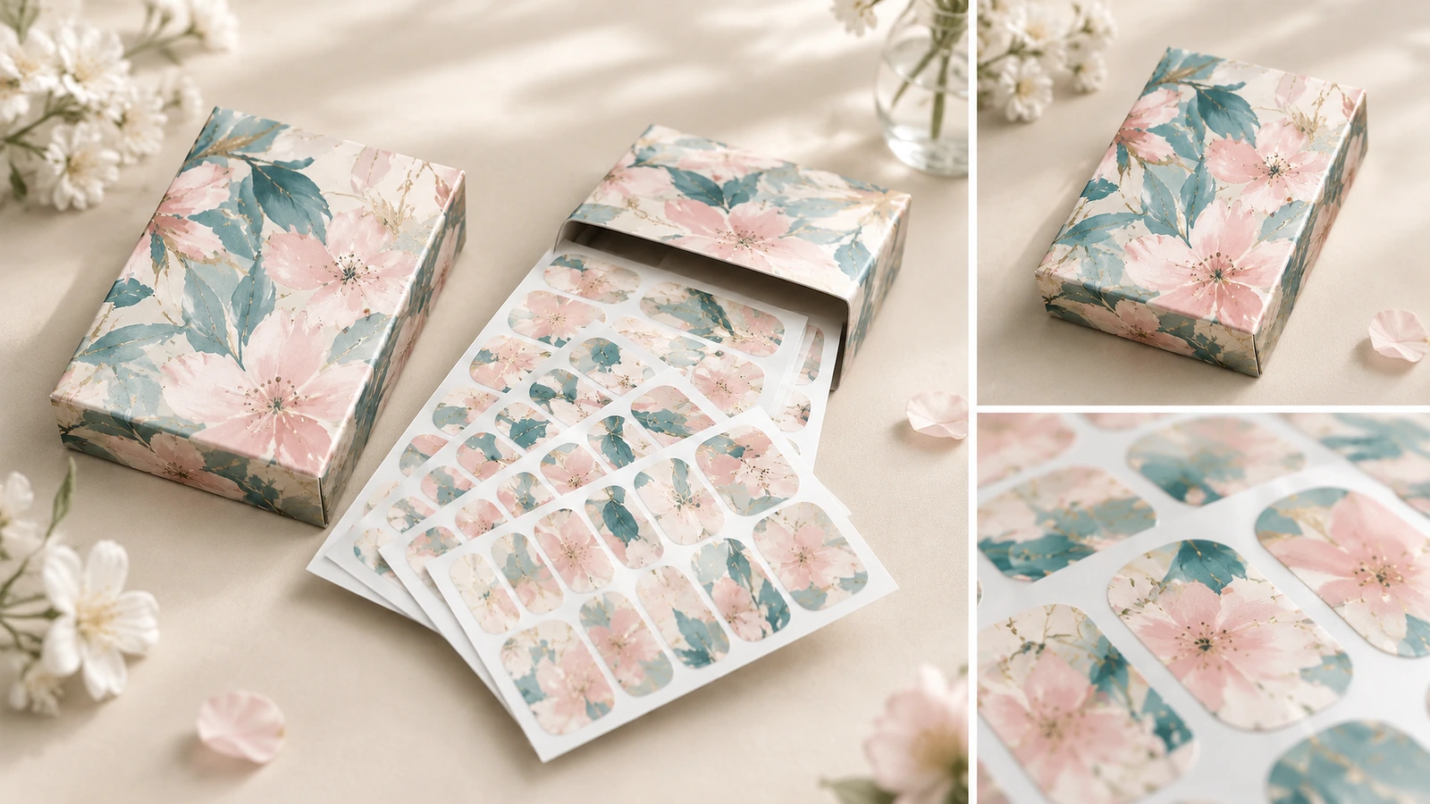 Packaging, shipping, and reorder of custom nail wraps Finished custom nail wrap sets in branded sleeves prepared for shipping and reorder tracking