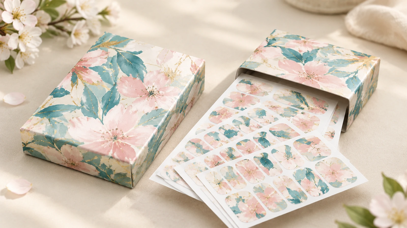 Custom nail wrap production flow Printing and die-cutting line producing custom full-cover nail wrap sheets with registration marks