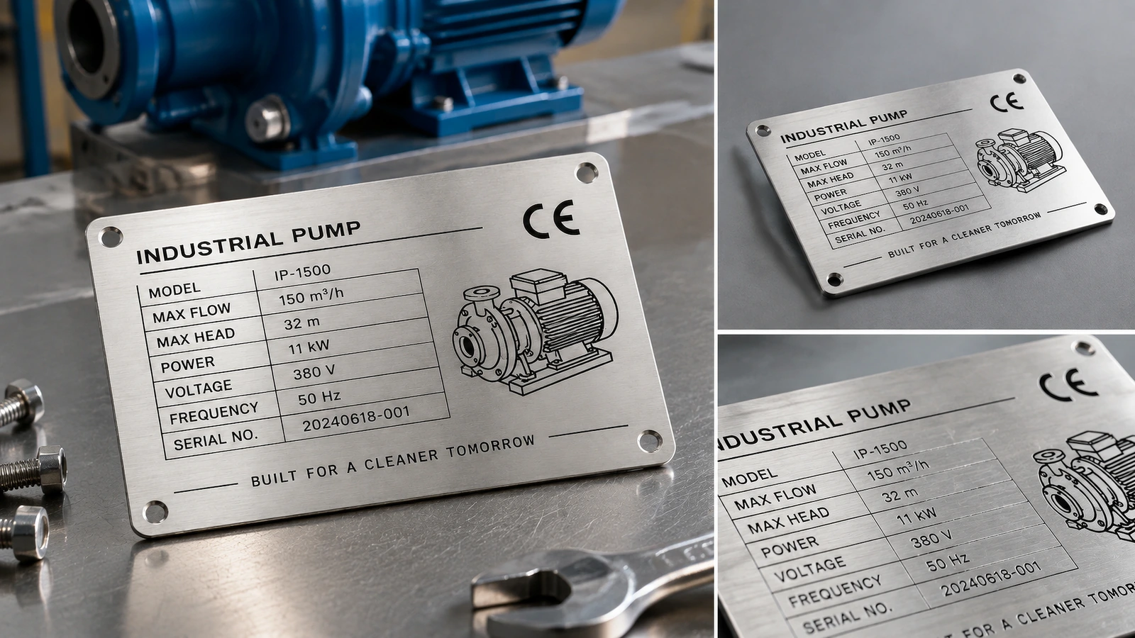 Packaging, shipping and reorder control Interleaved stainless steel nameplates packed in labeled cartons with an approved reference sample for reorders