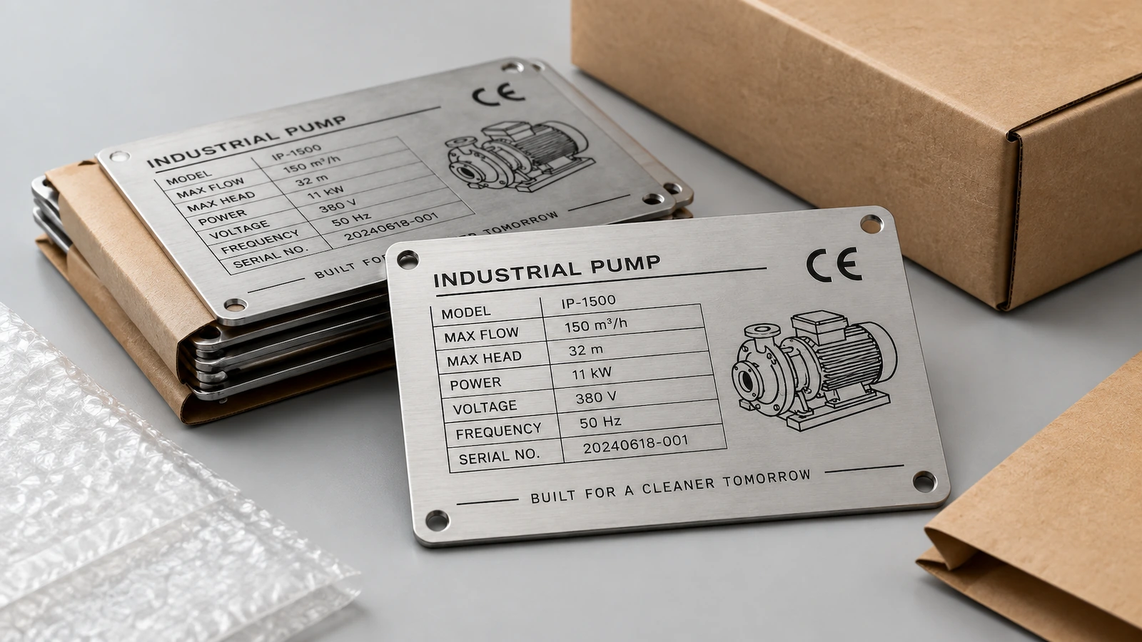 Quality inspection before release Inspector checking etch depth and serial numbers on stainless steel nameplates with a gauge and magnifier