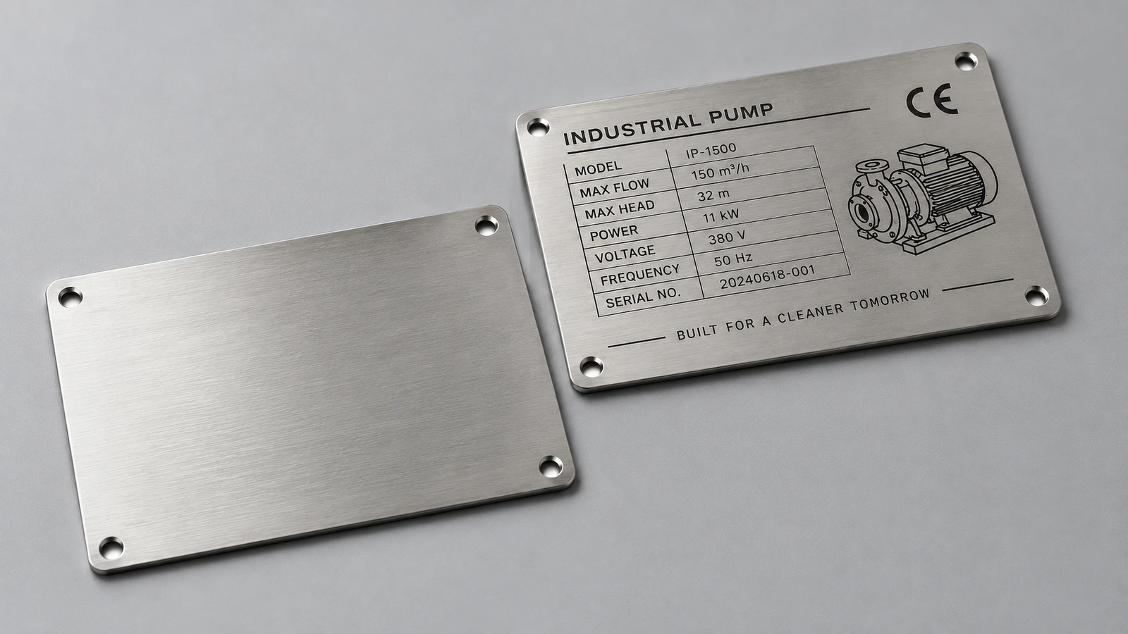 Checking nameplate size and legibility Engineer measuring character height on a stainless steel rating nameplate against a technical drawing