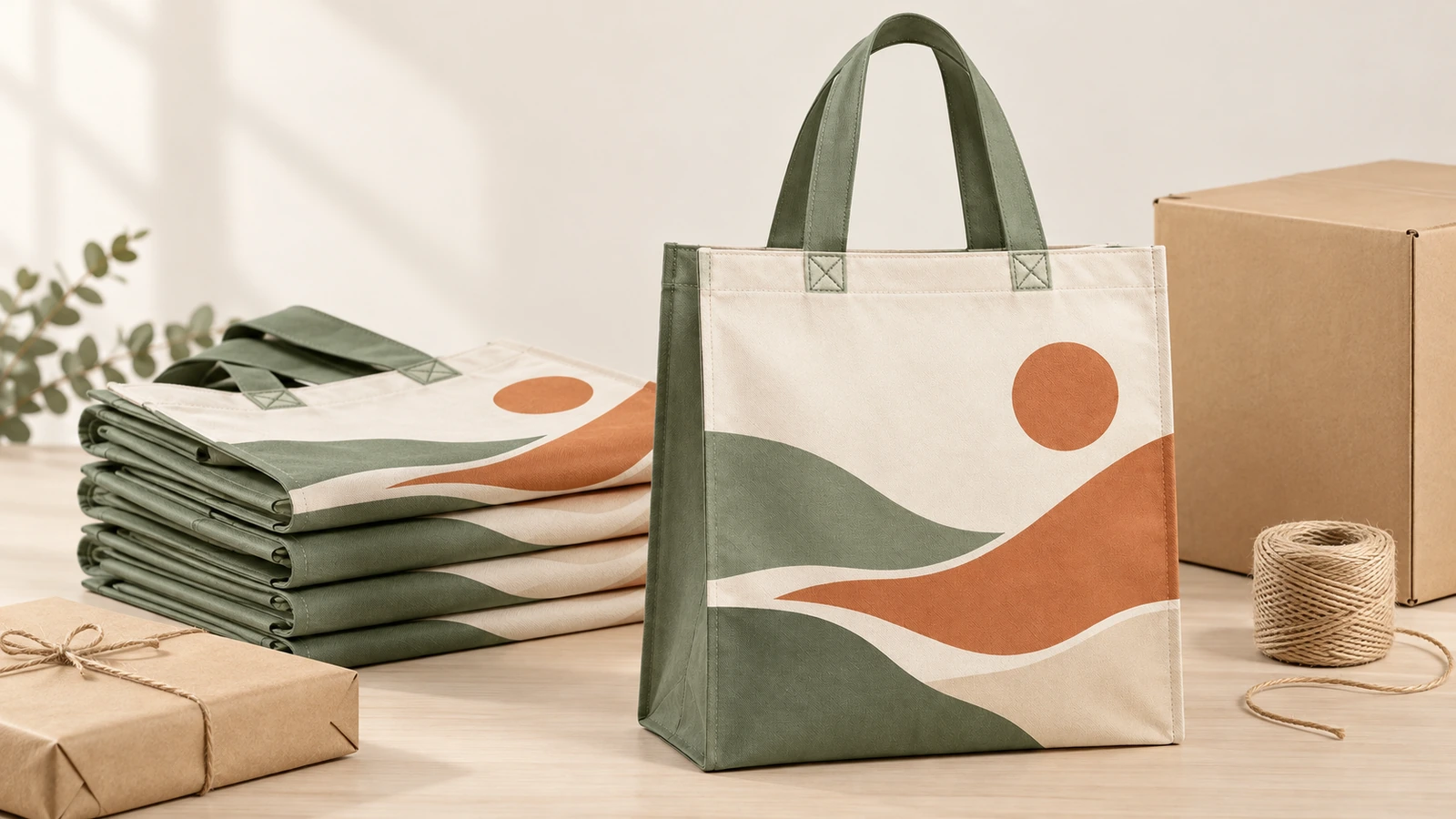 Quality inspection of custom non-woven tote bags Inspector checking GSM, print rub resistance and handle stitching on non-woven totes