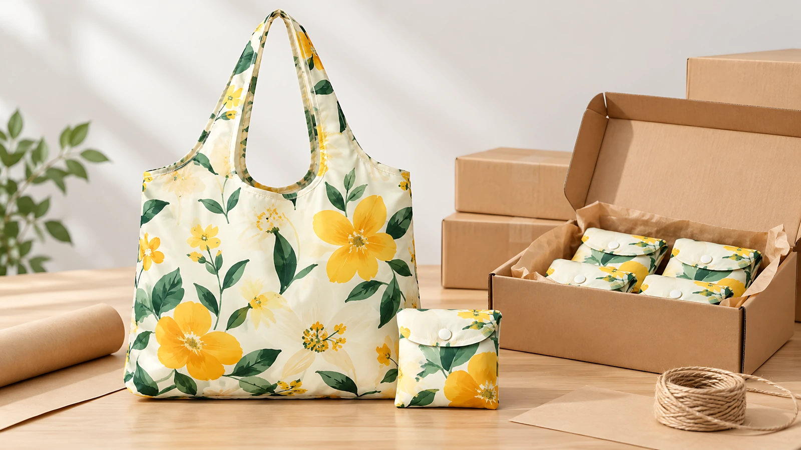 Inspector measuring nylon shopping bag dimensions and testing print adhesion with tape