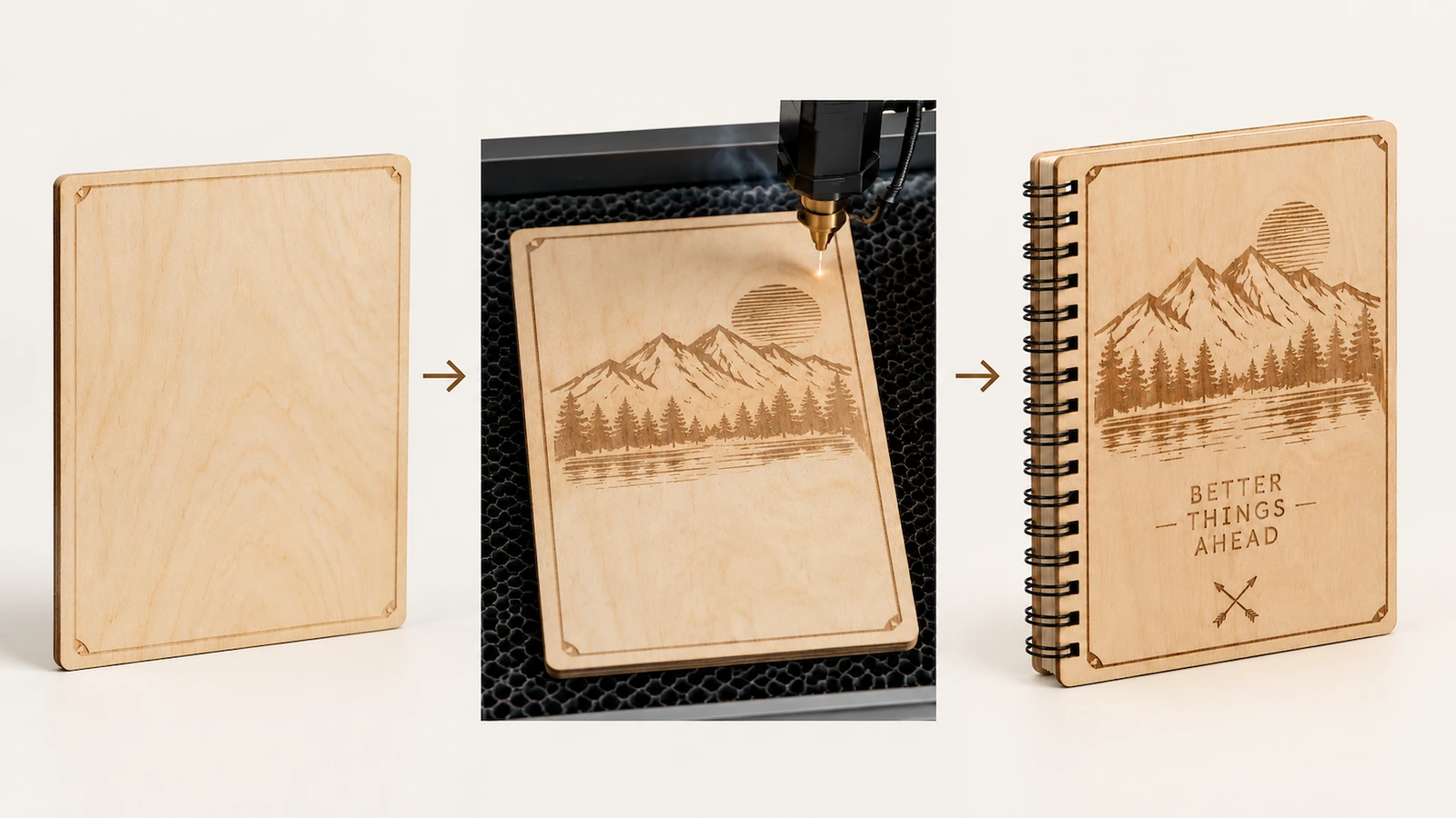 Illustrative artwork preflight comparing a digital logo layout with a plywood engraving sample