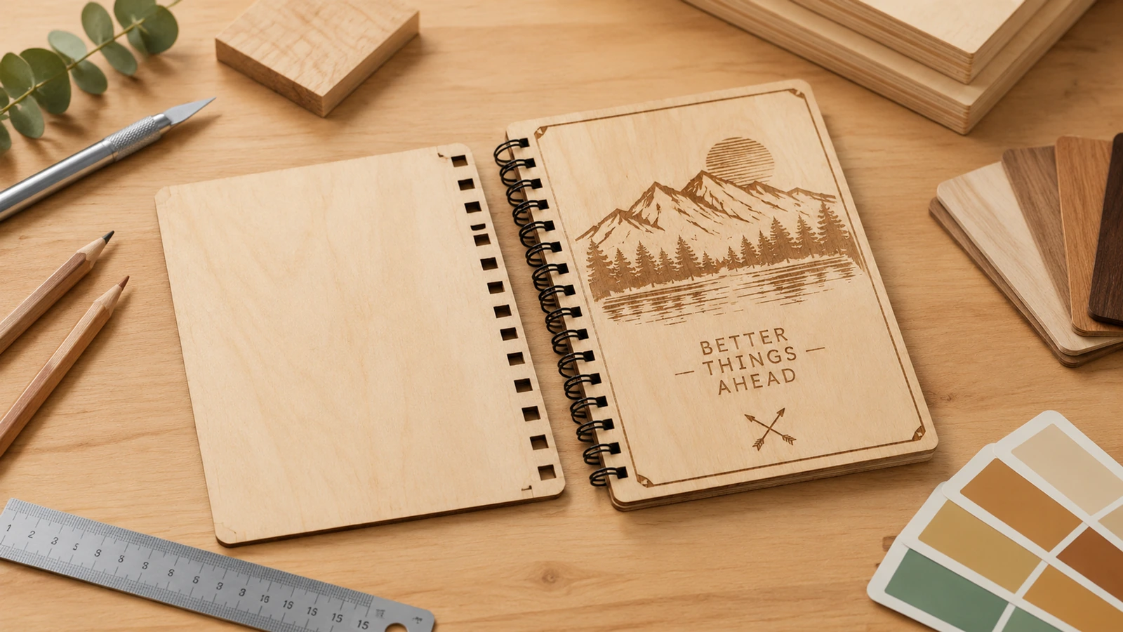 Concept presentation of laser-engraved plywood cover notebooks for corporate and personal gifts