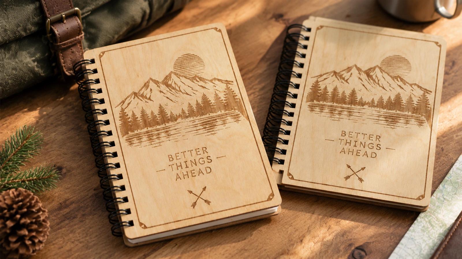 Concept workflow showing plywood cover preparation, engraving, notebook assembly, and sample review