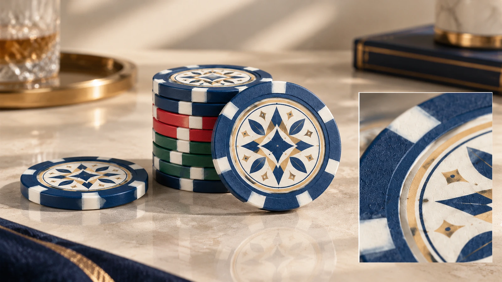 Poker chip sleeves immobilized in a double-cushioned shipping carton with an archived proof for reorder