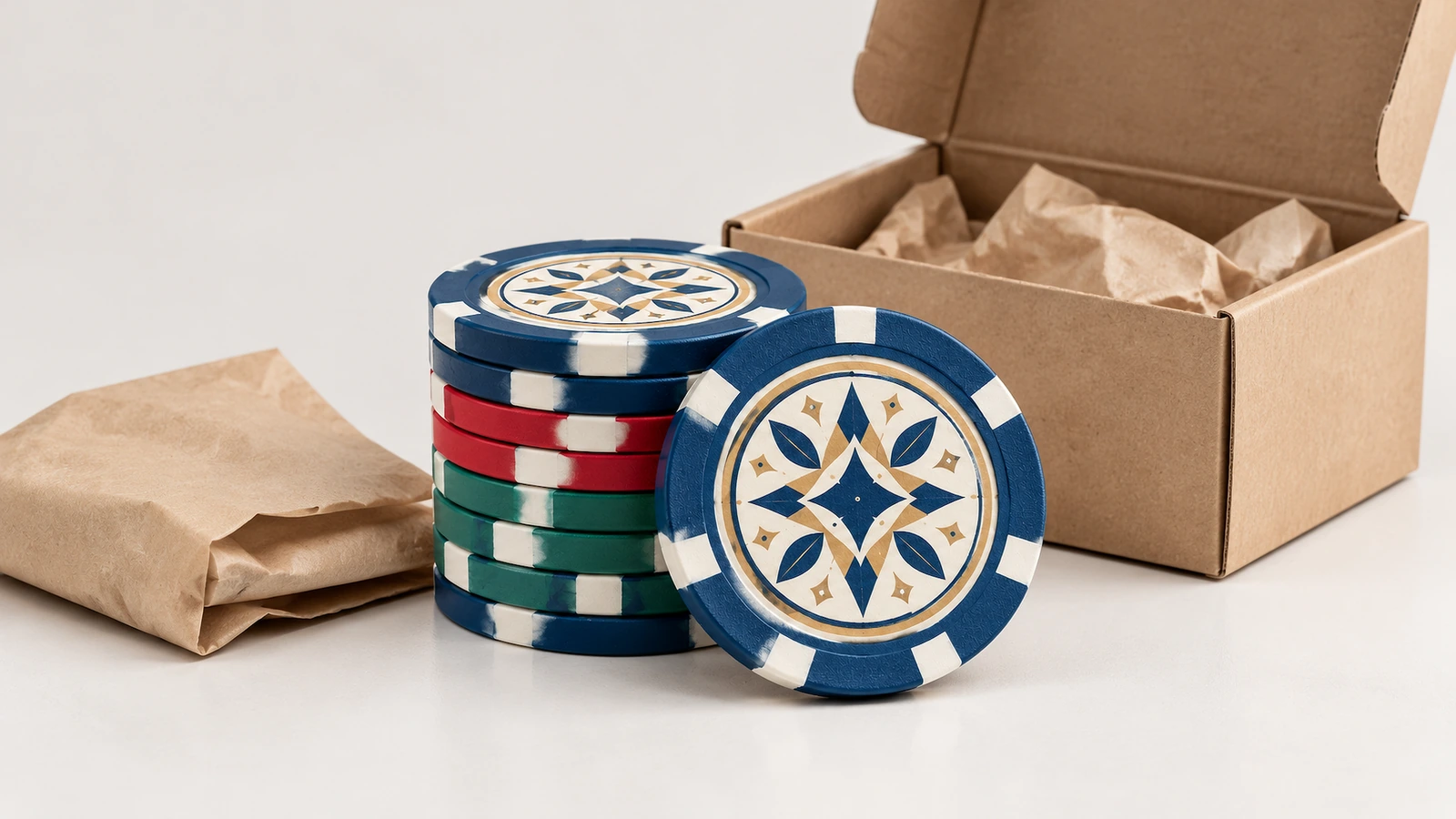 Inspector weighing poker chips and comparing 25-chip stack heights against an approved sample