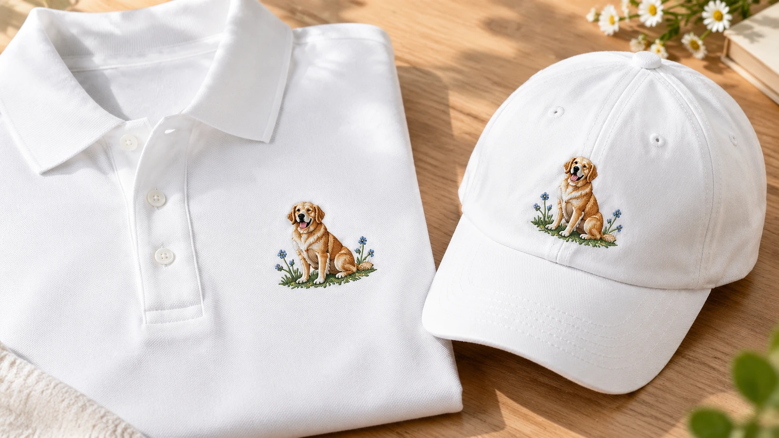 Embroidery production from approved settings Multi-head embroidery machine stitching logos on hooped cotton pique polos