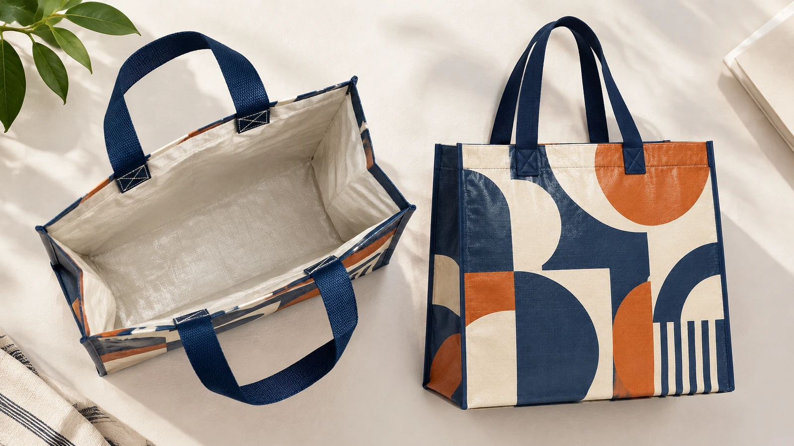 Bag dimensions and print readability Size comparison of PP woven shopping bags with logo readability at arm's length