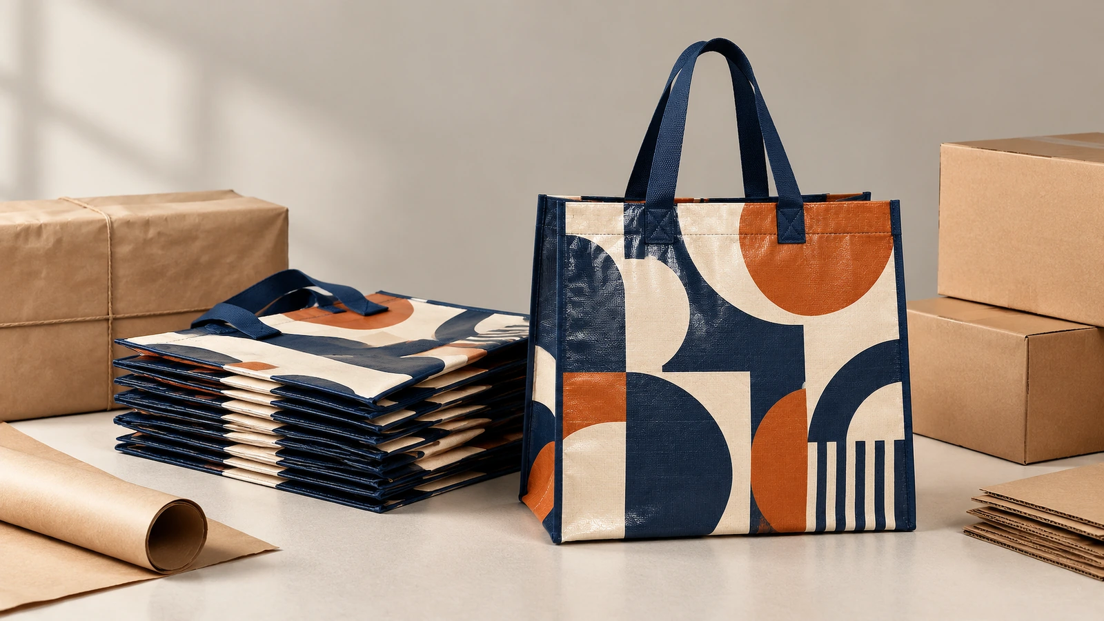 Quality inspection of PP woven bags Inspector weighing woven fabric and pull-testing bag handles and seams