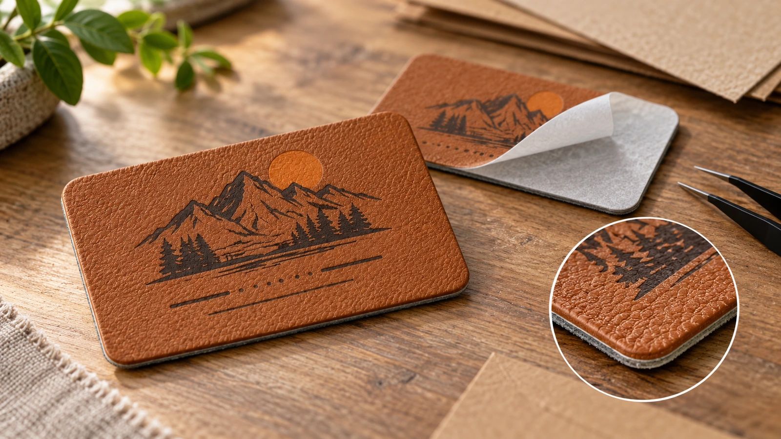 Packing, shipping and reorder records for PU leather labels Flat-packed PU leather label sheets with signed sample and reorder record