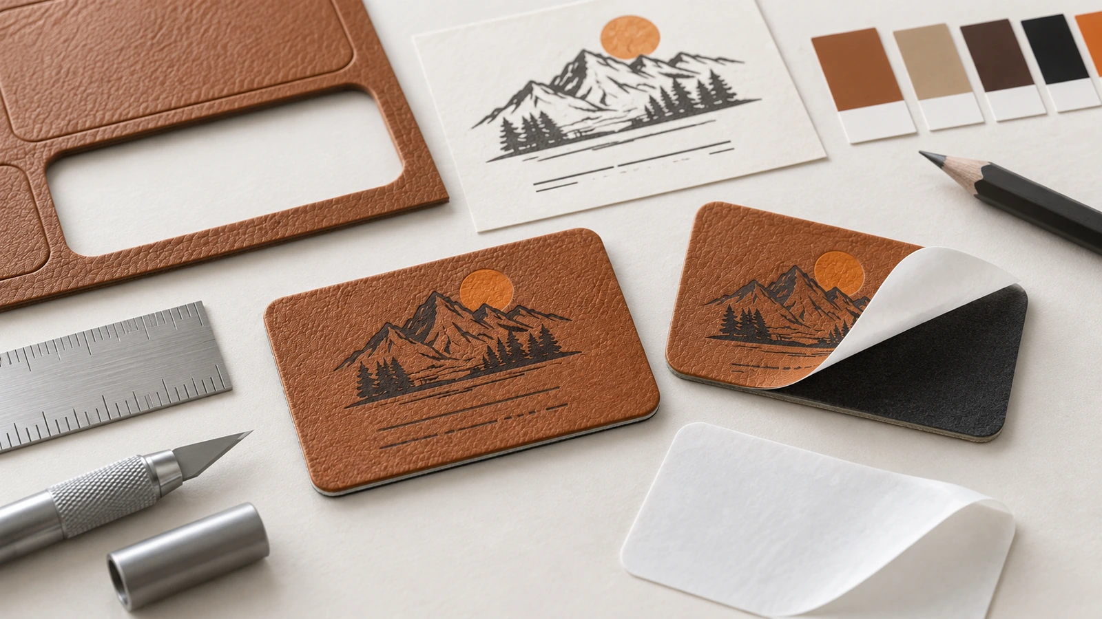 Adhesive PU leather logo labels in packaging and product use Custom PU imitation leather sticker labels applied to gift boxes, jars and notebooks
