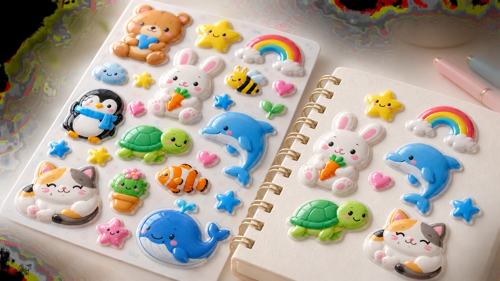 Production process for custom 3D puffy sticker sheets Puffy sticker production stages: CMYK printing, lamination to foam core, kiss-cutting