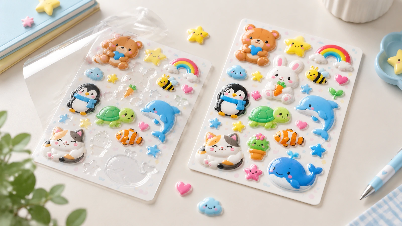 Size and readability of raised puffy sticker artwork Puffy sticker size and line-weight readability comparison on a kiss-cut sheet