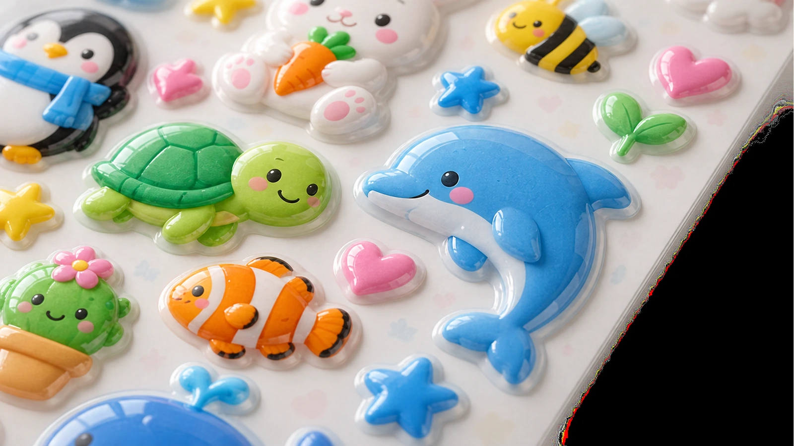 Surface finish and backing liner options for puffy sticker sheets Gloss, matte and soft-touch puffy sticker surfaces with silicone backing liner