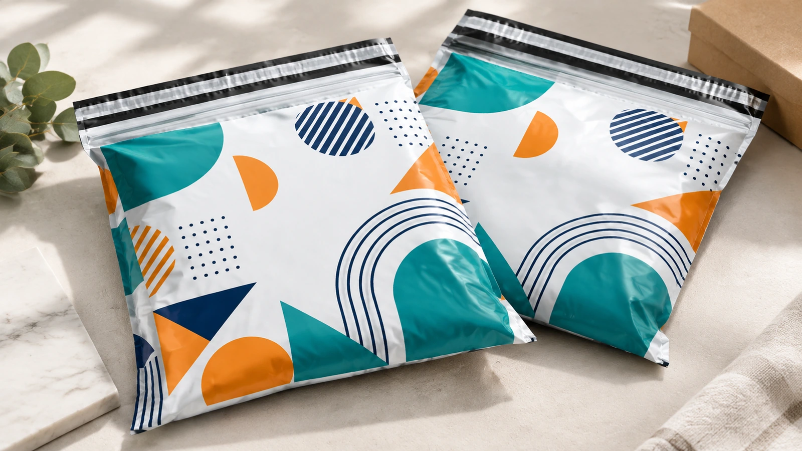 Illustrative tabletop sequence from film and artwork samples to a converted dual-seal mailer