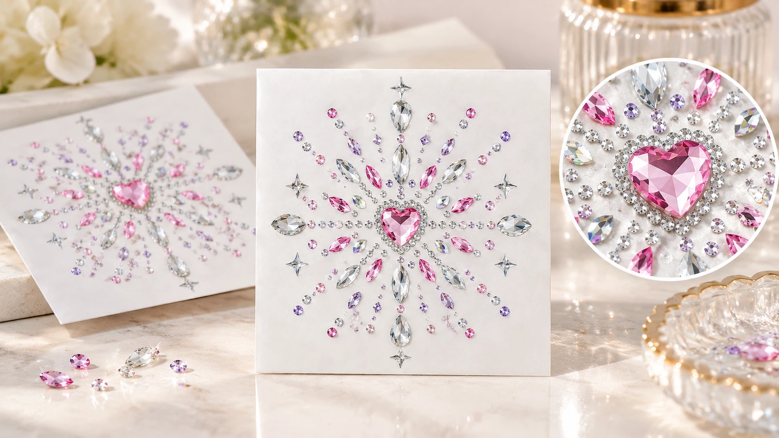 Rhinestone sticker packaging, shipping and reorder labeling Rhinestone sticker motifs on rigid backing cards in flat mailers with lot labels for reorder