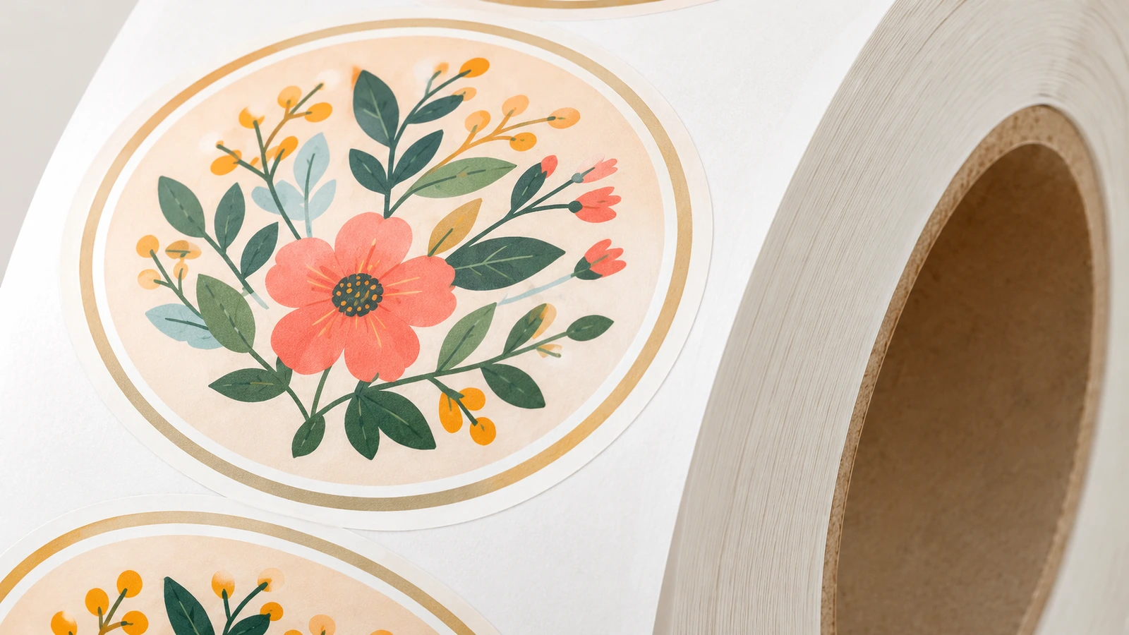 Face stock, finish, and liner options for roll labels Swatches of paper, white BOPP, clear BOPP, and silver BOPP roll labels with gloss and matte finishes and liner edges visible