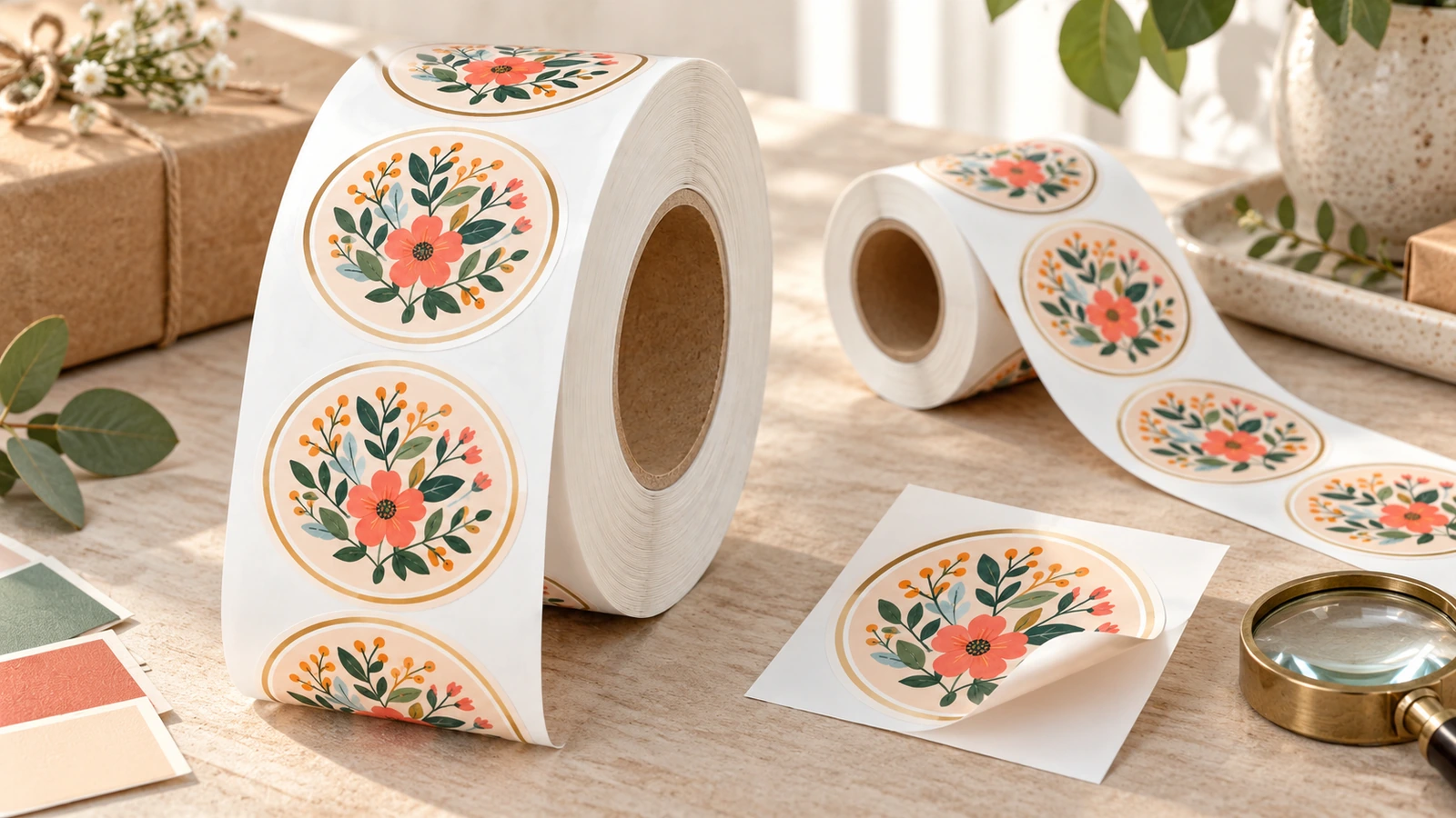 Roll label packing, shipping, and reorder spec sheet Finished roll labels packed in a carton with core plugs and a printed roll spec sheet for reorders