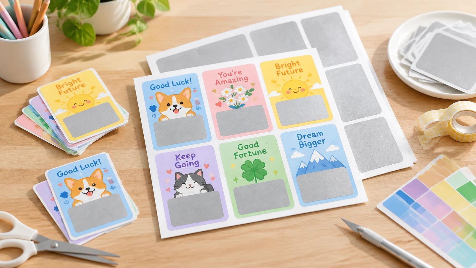 Scratch-off overlay sticker applications Custom scratch-off overlay stickers applied to classroom reward cards and promotional mailers