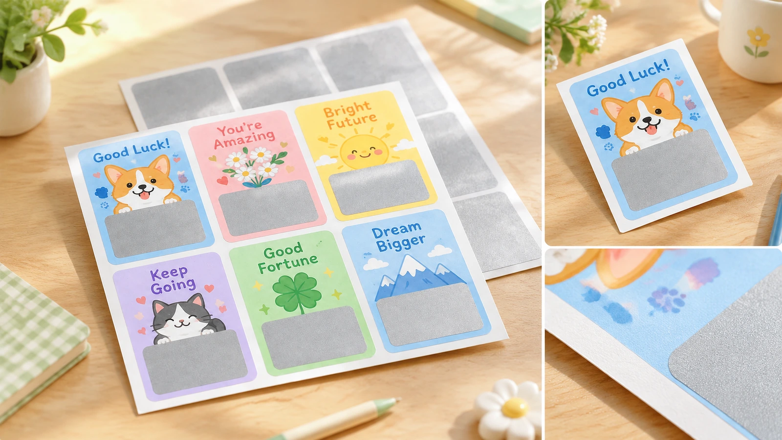 Packaging, shipping, and reorder Scratch-off overlay sheets interleaved with separator paper in a rigid carton with retained approval sample