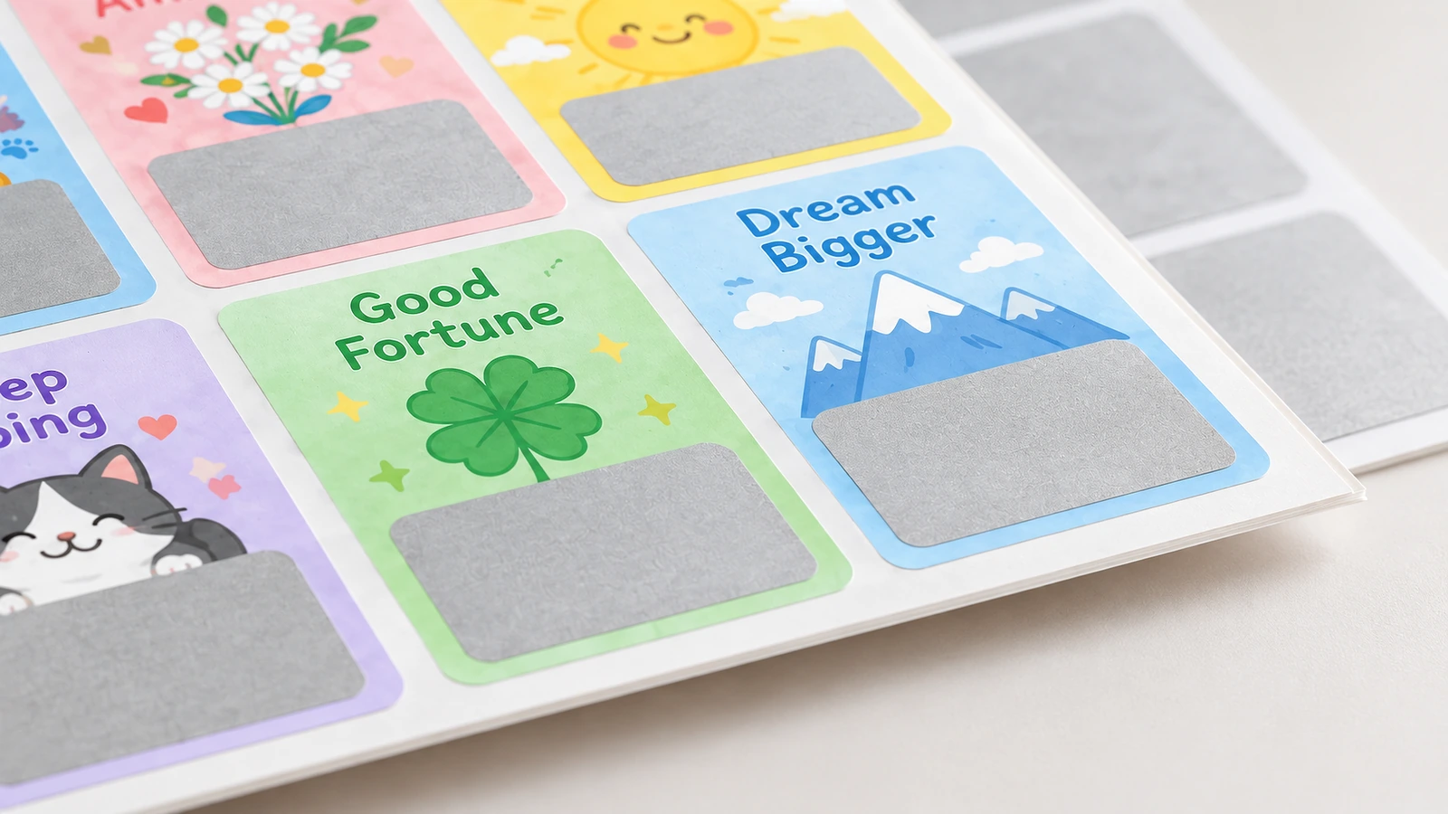 Surface and backing options Silver, gold, and holographic scratch-off overlay finishes on cardstock and plastic surfaces with release liner