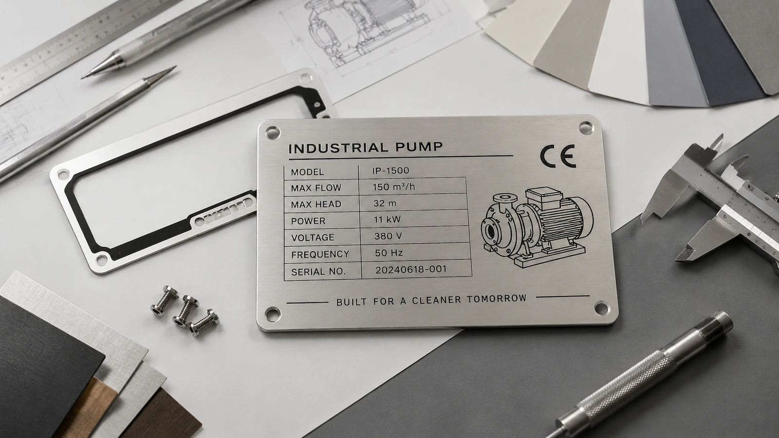 Custom etched stainless steel nameplate on industrial equipment Etched 316 stainless steel rating nameplate riveted to industrial pump housing in a washdown area