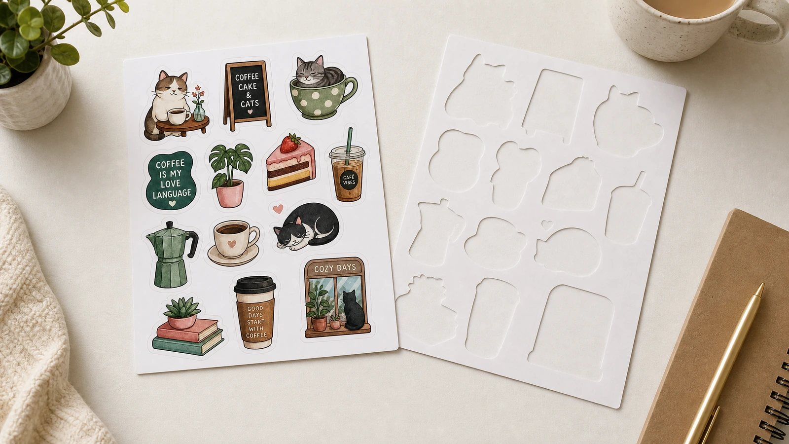 Sticker sheet size and readability planning Kiss-cut sticker sheet layout showing sticker sizes, spacing, and text readability