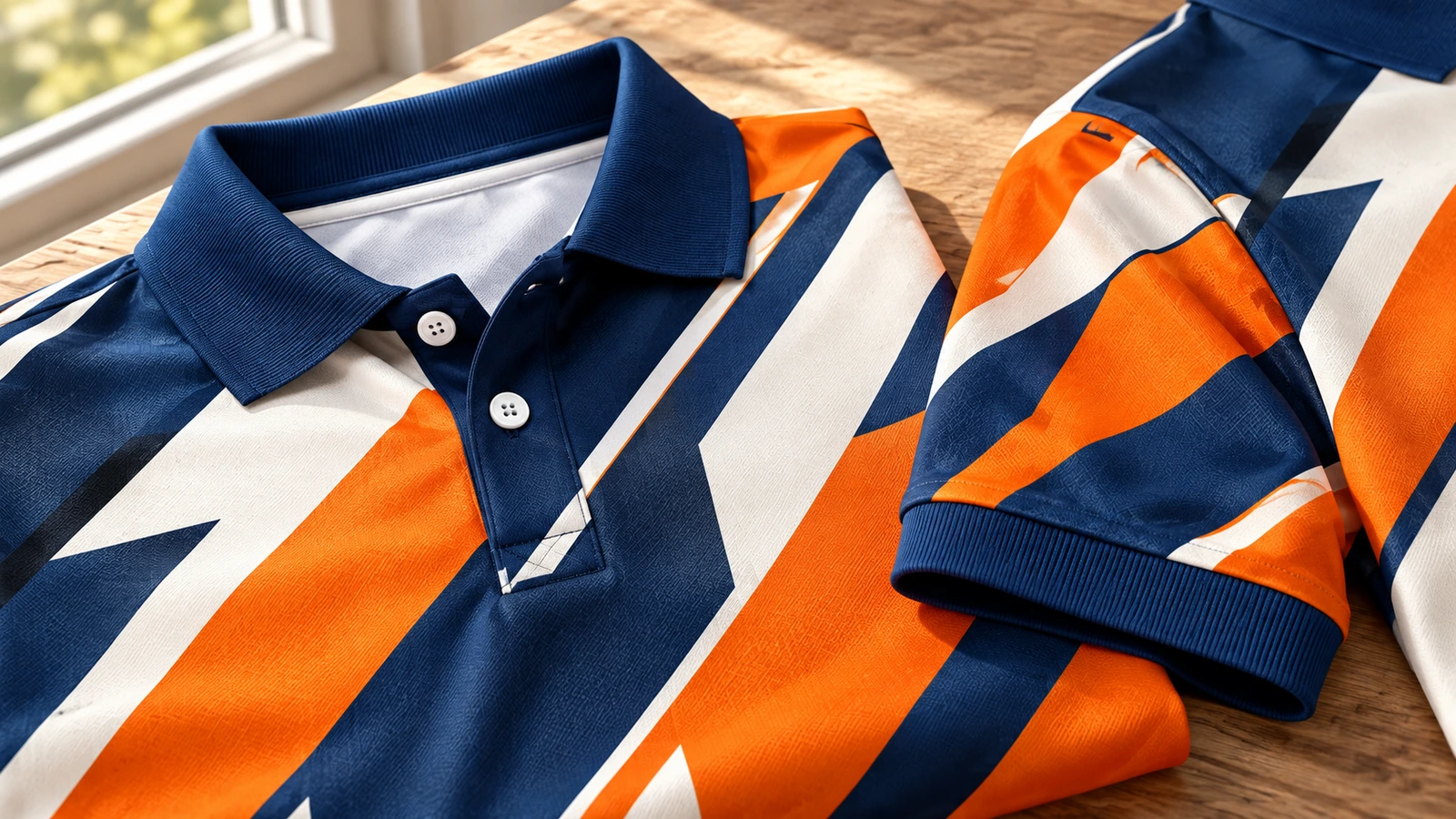 Printed polyester polo panels moving from heat press to cutting and sewing stations
