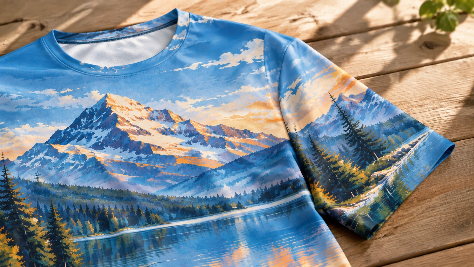 Operator heat pressing taped sublimation transfer onto polyester T-shirt panel