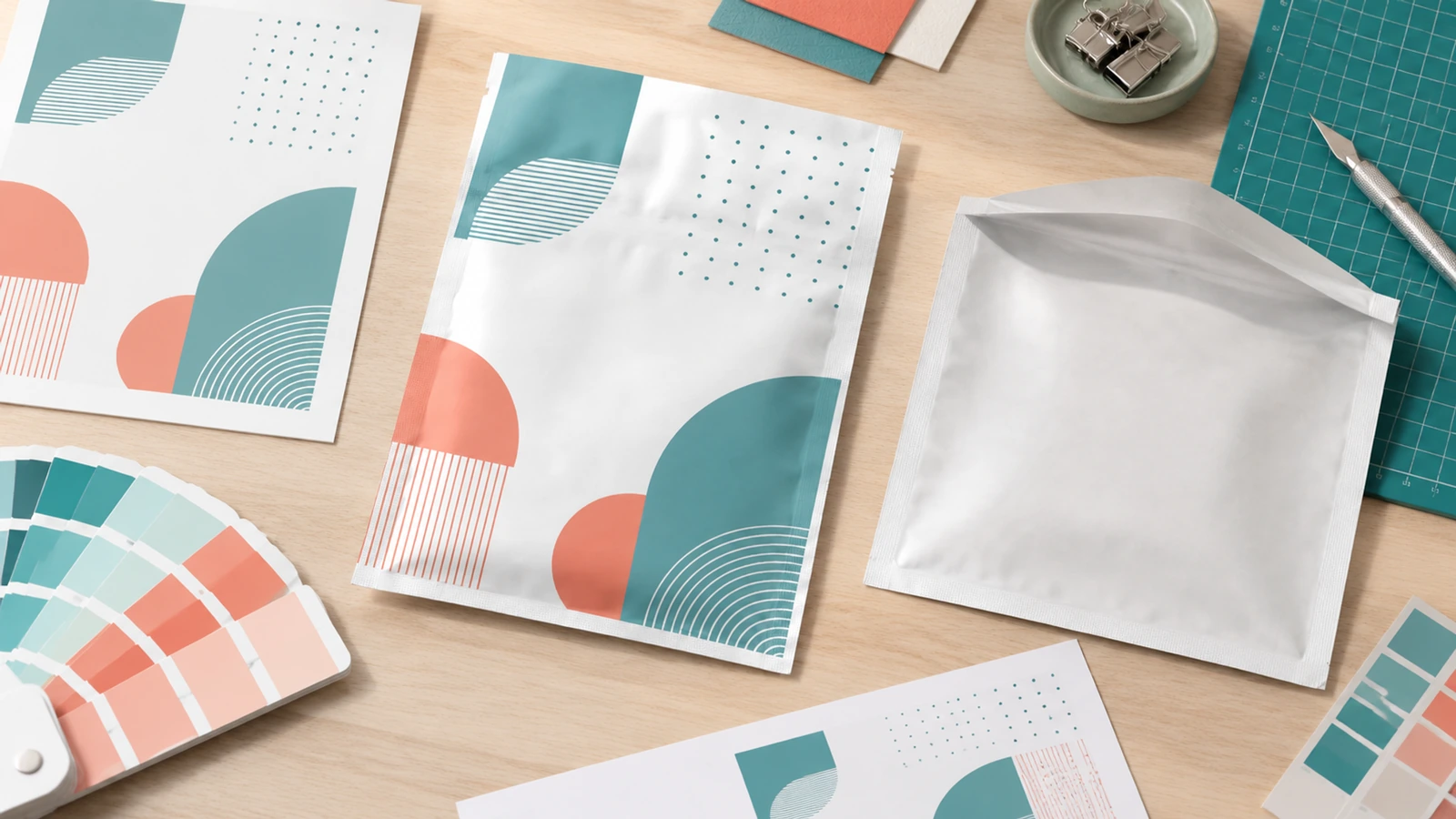 Application-led selection of custom flat pouches Buyer reviewing flat three-side-seal pouch concepts for spices, coffee samples, and beauty sachets