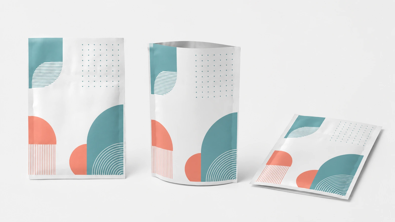 Approve artwork against the pouch construction Packaging artwork preflight with a flat-pouch dieline, front and back panels, and an unfilled sample